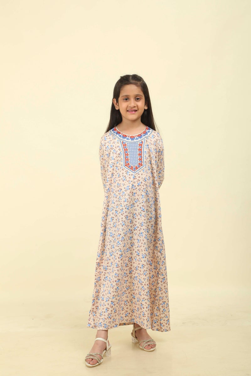 HANA & SARA Girls Satin Digital Print Floral Arabic Jalabiya – Lightweight Modest Wear Dress - Image 1